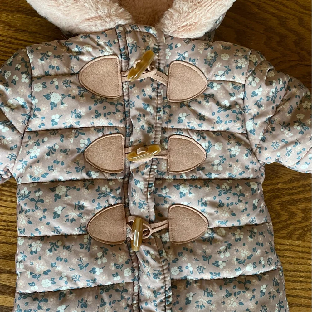 Girls' Pink Floral Hooded Snowsuit with Faux Fur Lining